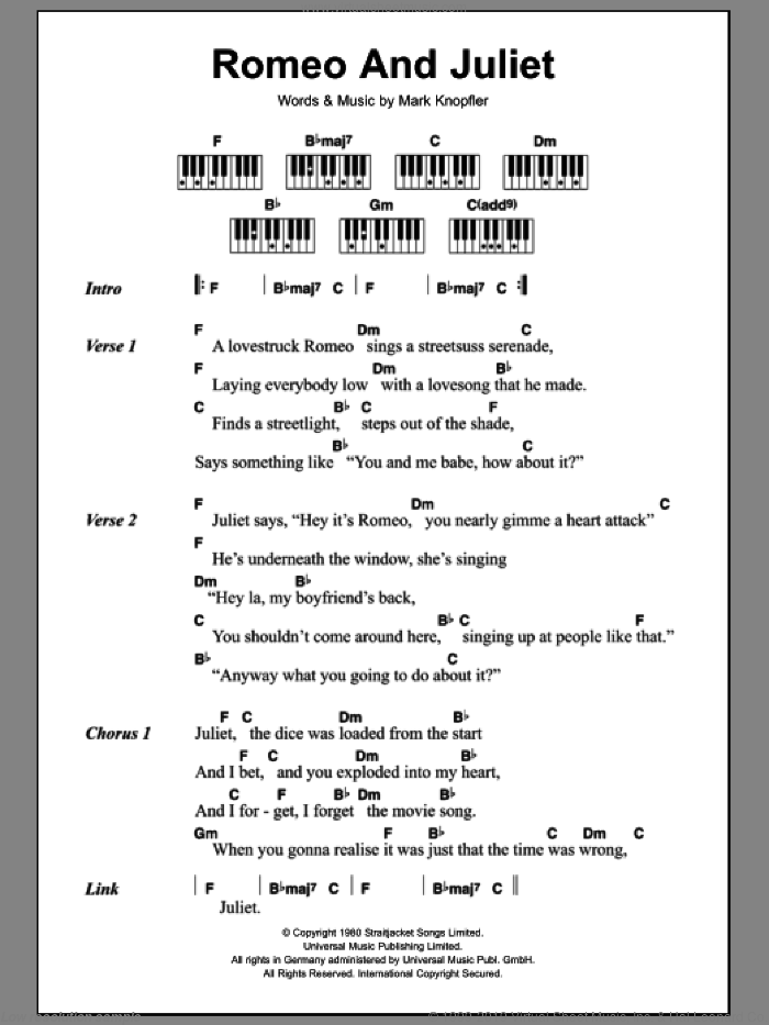 Romeo And Juliet sheet music for piano solo (chords, lyrics, melody) by Dire Straits and Mark Knopfler, intermediate piano (chords, lyrics, melody)