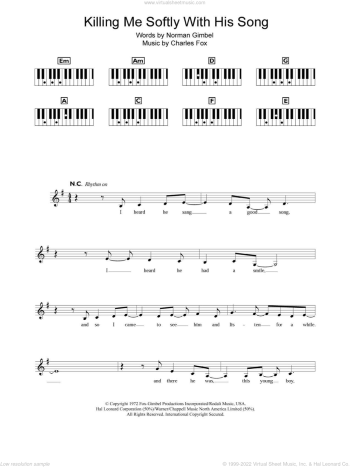 Killing Me Softly With His Song sheet music for piano solo (chords, lyrics, melody) by The Fugees, Charles Fox and Norman Gimbel, intermediate piano (chords, lyrics, melody)