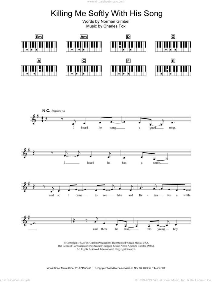 Killing Me Softly With His Song sheet music for piano solo (chords, lyrics, melody) by The Fugees, Charles Fox and Norman Gimbel, intermediate piano (chords, lyrics, melody)