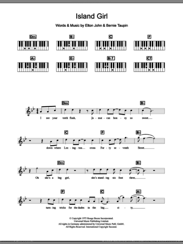 Island Girl sheet music for piano solo (chords, lyrics, melody) by Elton John and Bernie Taupin, intermediate piano (chords, lyrics, melody)
