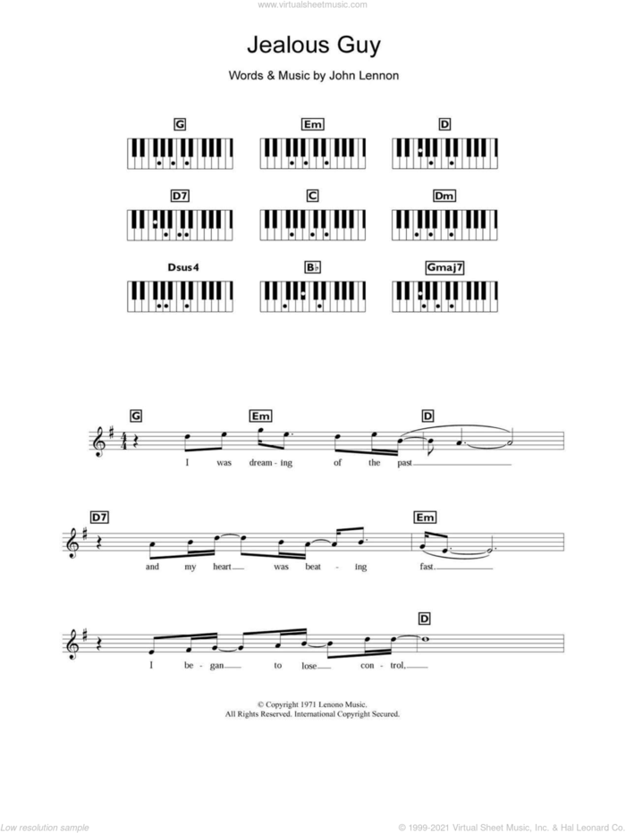 Jealous Guy sheet music for piano solo (chords, lyrics, melody) by John Lennon, intermediate piano (chords, lyrics, melody)