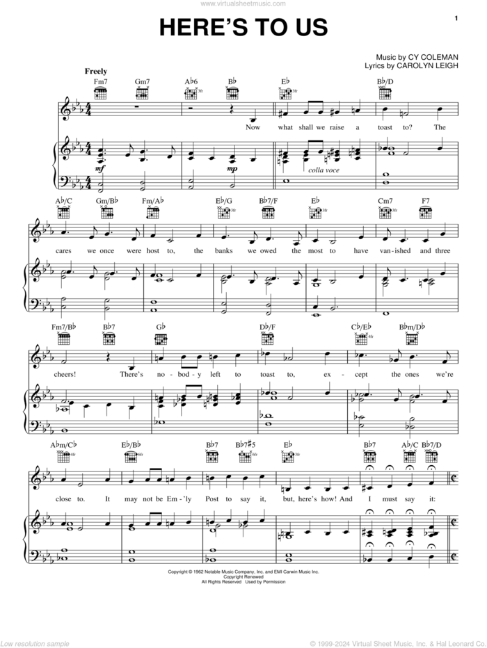 Here's To Us sheet music for voice, piano or guitar by Cy Coleman, Little Me (Musical) and Carolyn Leigh, intermediate skill level
