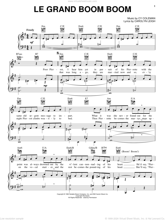Le Grand Boom Boom sheet music for voice, piano or guitar by Cy Coleman, Little Me (Musical) and Carolyn Leigh, intermediate skill level