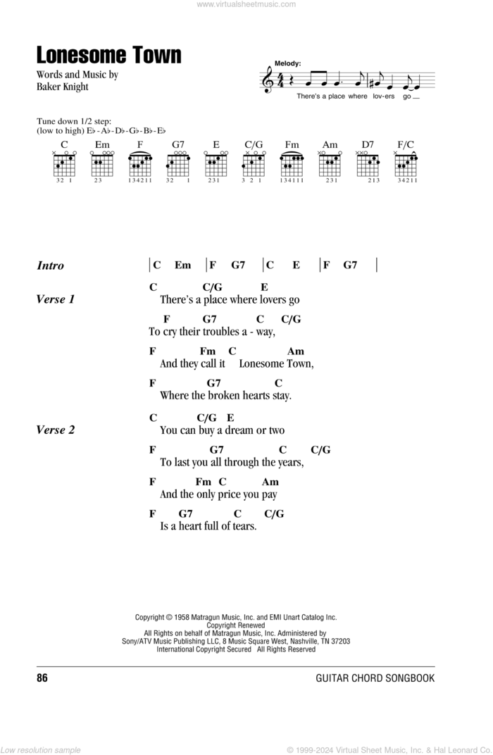 Lonesome Town sheet music for guitar (chords) by Ricky Nelson, Paul McCartney and Baker Knight, intermediate skill level