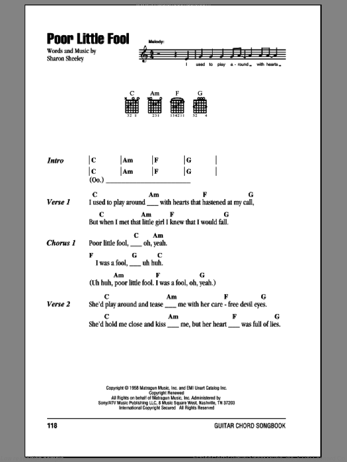 Poor Little Fool sheet music for guitar (chords) by Ricky Nelson and Sharon Sheeley, intermediate skill level