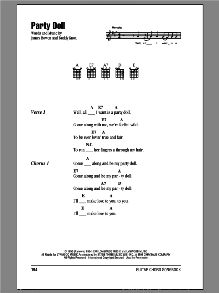 Party Doll sheet music for guitar (chords) by Buddy Knox and James Bowen, intermediate skill level