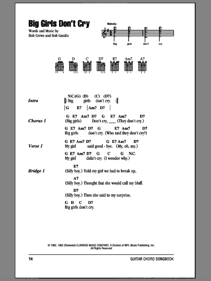 Big Girls Don't Cry sheet music for guitar (chords) by Frankie Valli & The Four Seasons, Bob Crewe and Bob Gaudio, intermediate skill level
