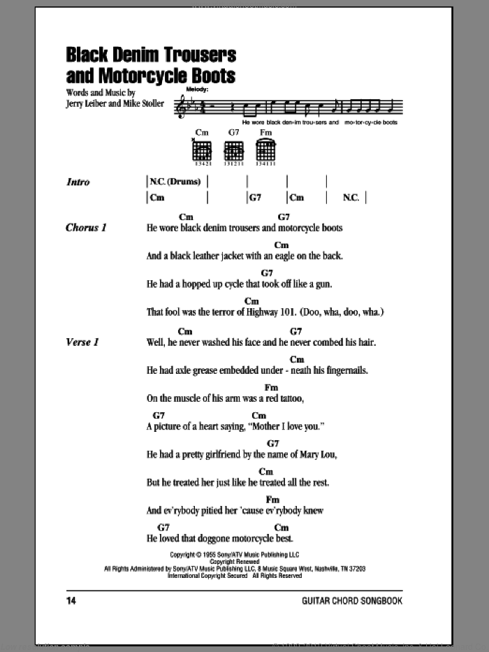 Black Denim Trousers And Motorcycle Boots sheet music for guitar (chords) by The Cheers, Jerry Leiber and Mike Stoller, intermediate skill level