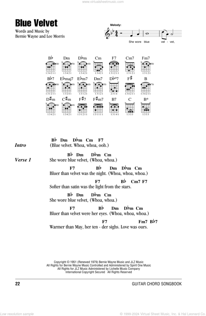 Blue Velvet sheet music for guitar (chords) by Bobby Vinton, Statues, Bernie Wayne and Lee Morris, intermediate skill level