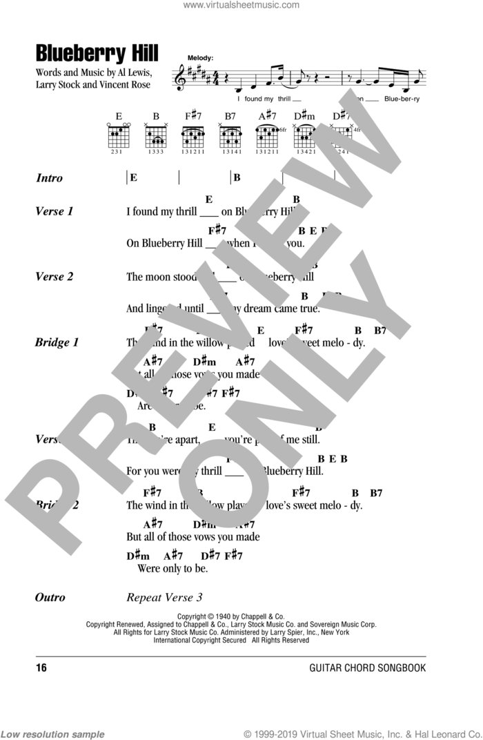 Blueberry Hill sheet music for guitar (chords) by Fats Domino, Al Lewis, Larry Stock and Vincent Rose, intermediate skill level