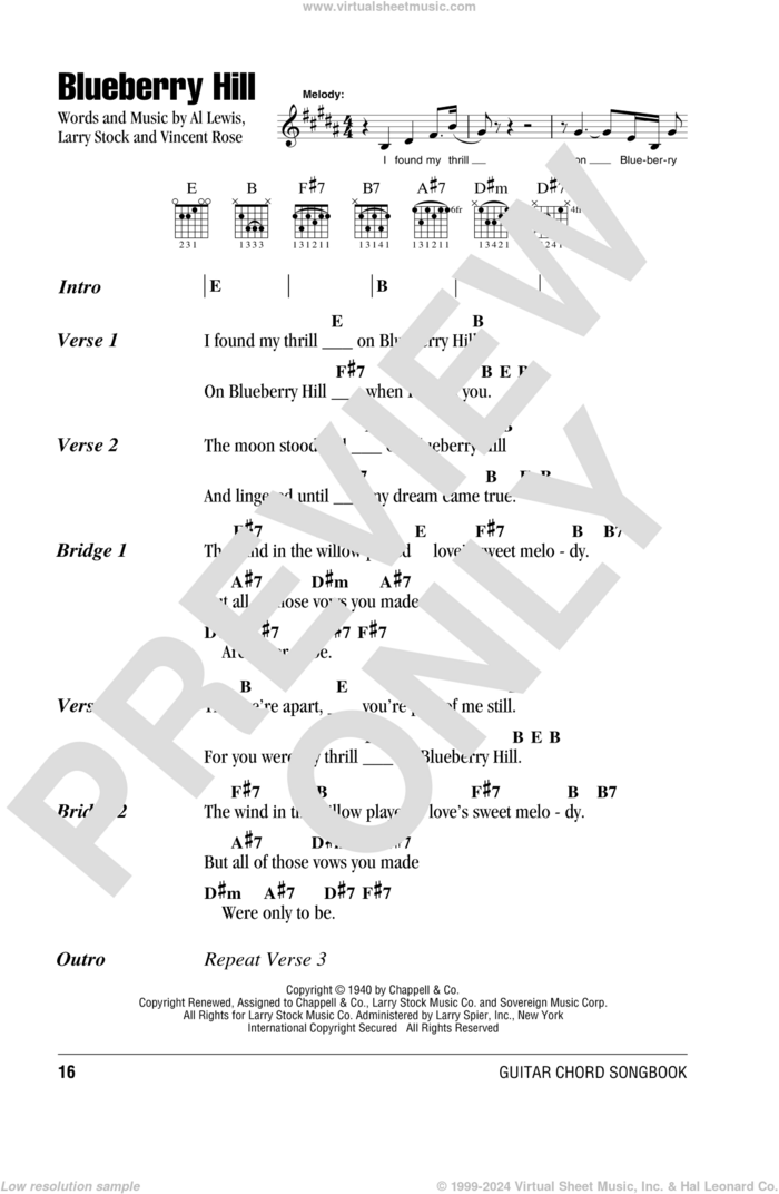 Blueberry Hill sheet music for guitar (chords) by Fats Domino, Al Lewis, Larry Stock and Vincent Rose, intermediate skill level