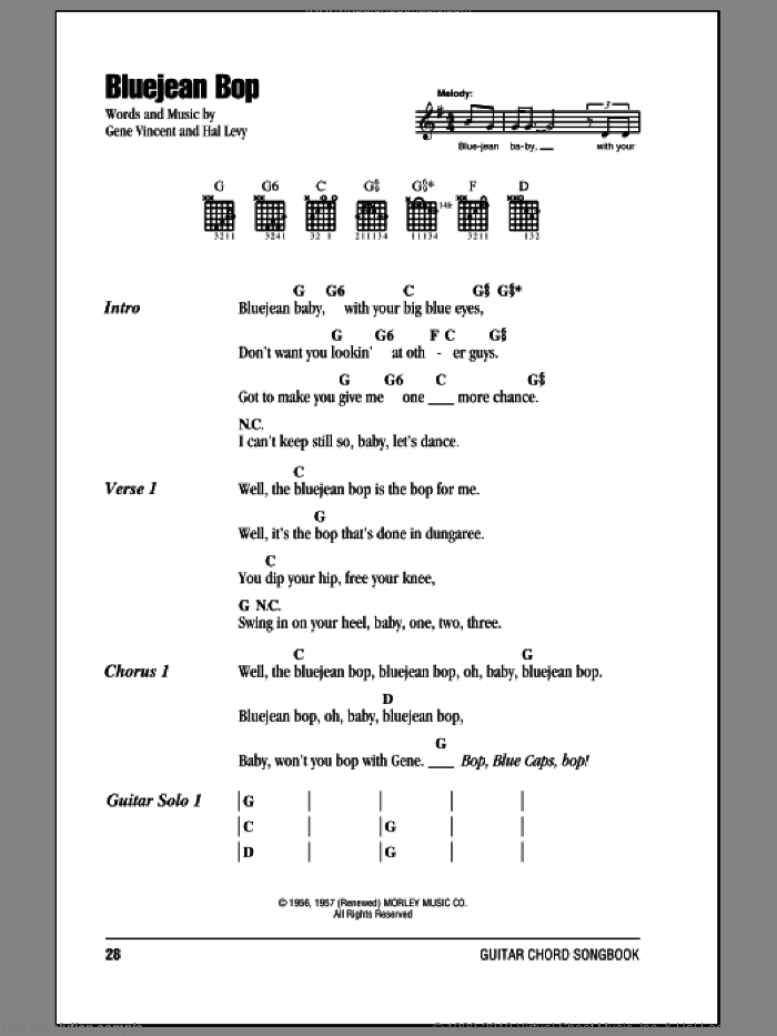 Bluejean Bop sheet music for guitar (chords) by Gene Vincent, Paul McCartney and Hal Levy, intermediate skill level