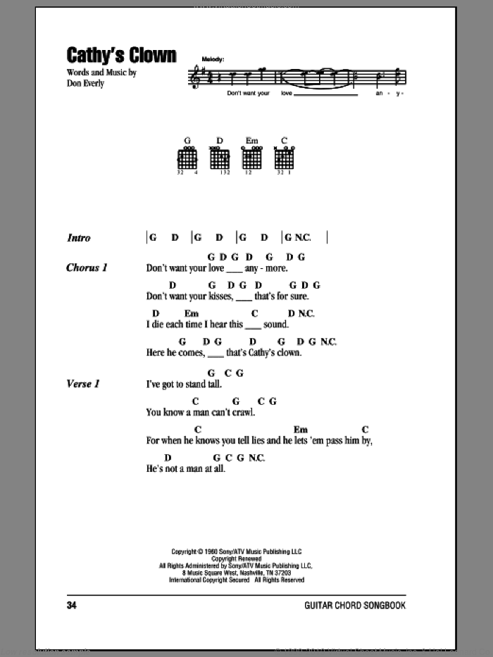 Cathy's Clown sheet music for guitar (chords) by Everly Brothers, Reba McEntire and Don Everly, intermediate skill level