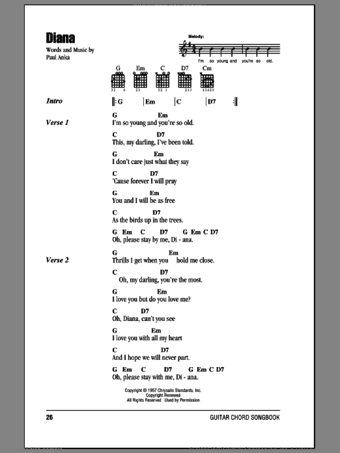 Diana sheet music for guitar (chords) by Paul Anka, intermediate skill level