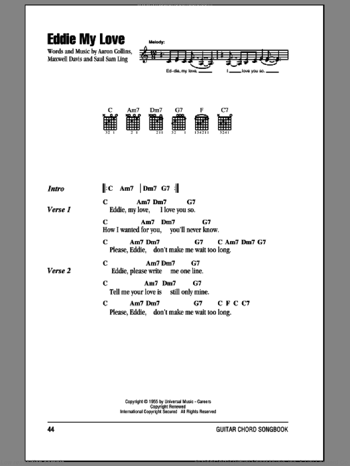 Eddie My Love sheet music for guitar (chords) by The Chordettes, Aaron Collins, Maxwell Davis and Saul Sam Ling, intermediate skill level