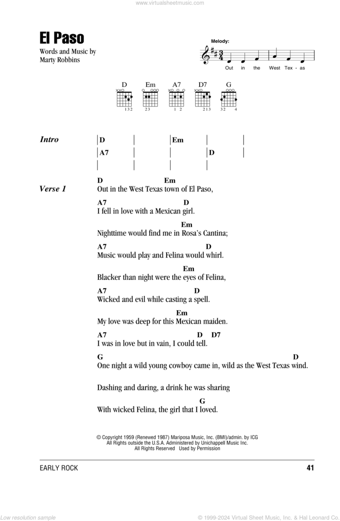 El Paso sheet music for guitar (chords) by Marty Robbins, intermediate skill level