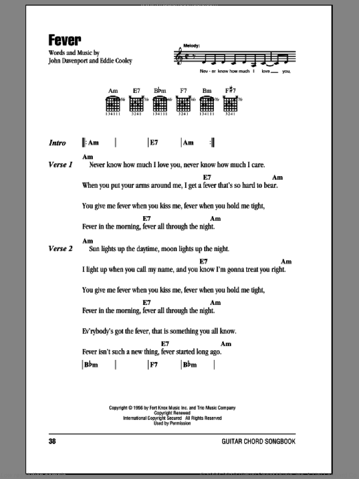 Fever sheet music for guitar (chords) by Peggy Lee, Eddie Cooley and John Davenport, intermediate skill level