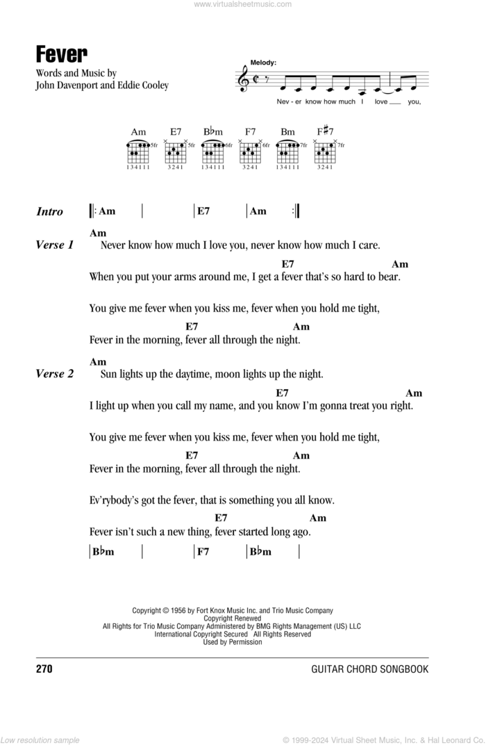 Fever sheet music for guitar (chords) by Peggy Lee, Eddie Cooley and John Davenport, intermediate skill level