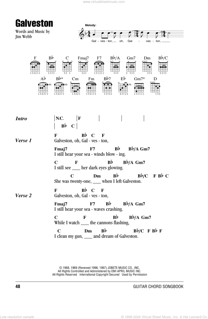 Galveston sheet music for guitar (chords) by Glen Campbell and Jim Webb, intermediate skill level