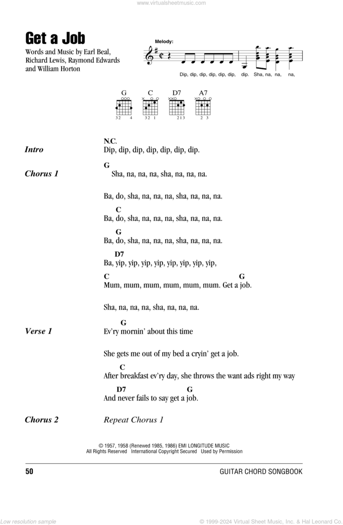 Get A Job sheet music for guitar (chords) by The Silhouettes, Earl Beal, Raymond Edwards, Richard Lewis and William Horton, intermediate skill level