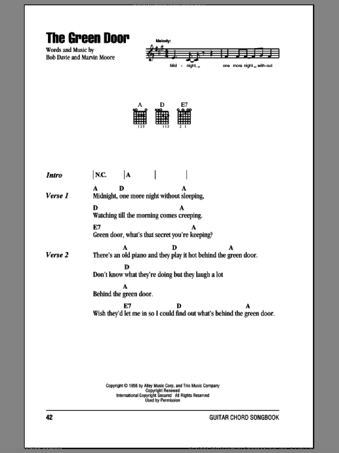 The Green Door sheet music for guitar (chords) by Jim Lowe, Bob Davie and Marvin Moore, intermediate skill level