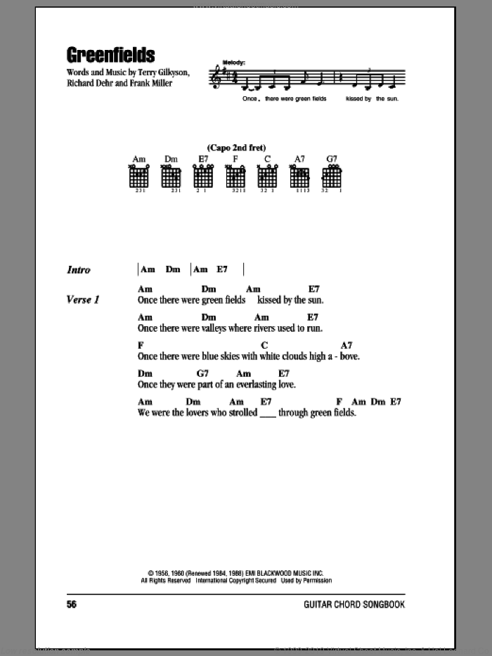 Greenfields sheet music for guitar (chords) by The Brothers Four, Frank Miller, Richard Dehr and Terry Gilkyson, intermediate skill level
