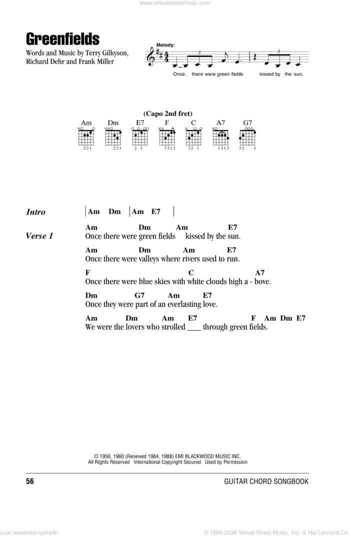 Greenfields sheet music for guitar (chords) by The Brothers Four, Frank Miller, Richard Dehr and Terry Gilkyson, intermediate skill level