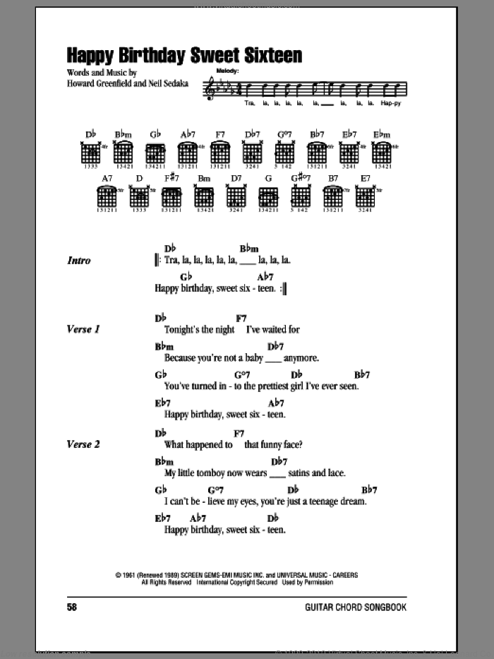 Happy Birthday Sweet Sixteen sheet music for guitar (chords) by Neil Sedaka and Howard Greenfield, intermediate skill level