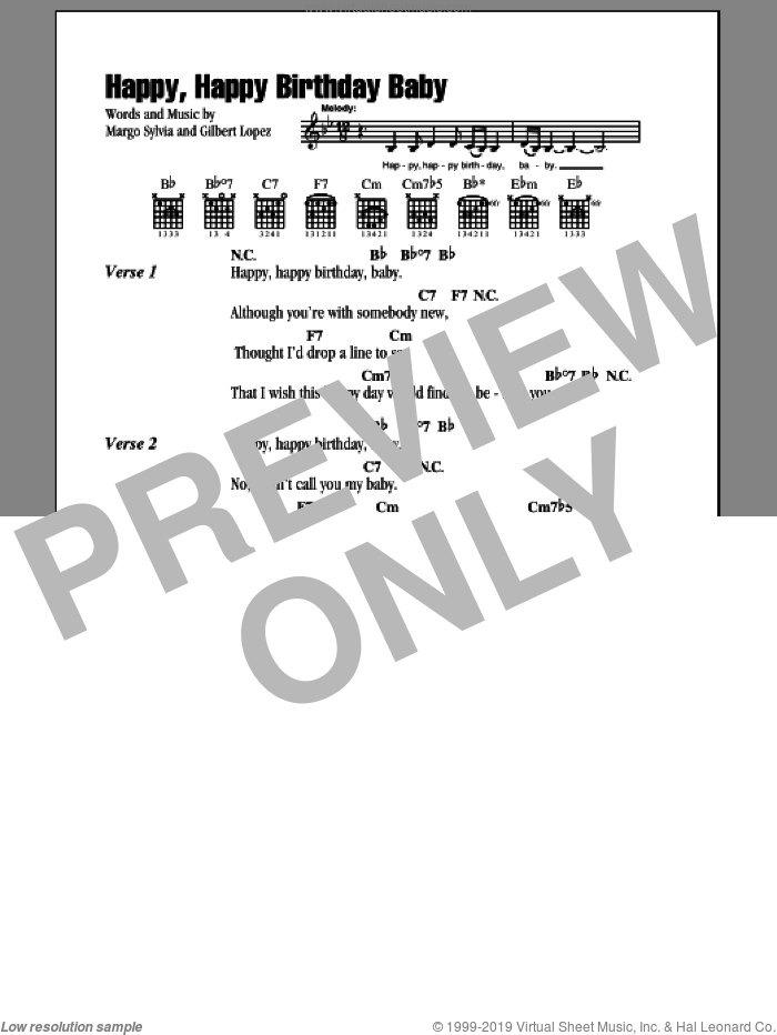Happy, Happy Birthday Baby sheet music for guitar (chords) by The Tune Weavers, Ronnie Milsap, Gilbert Lopez and Margo Sylvia, intermediate skill level