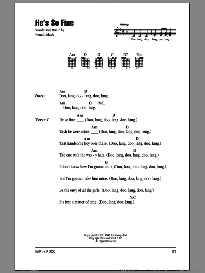 He's So Fine sheet music for guitar (chords) by The Chiffons and Ronald Mack, intermediate skill level