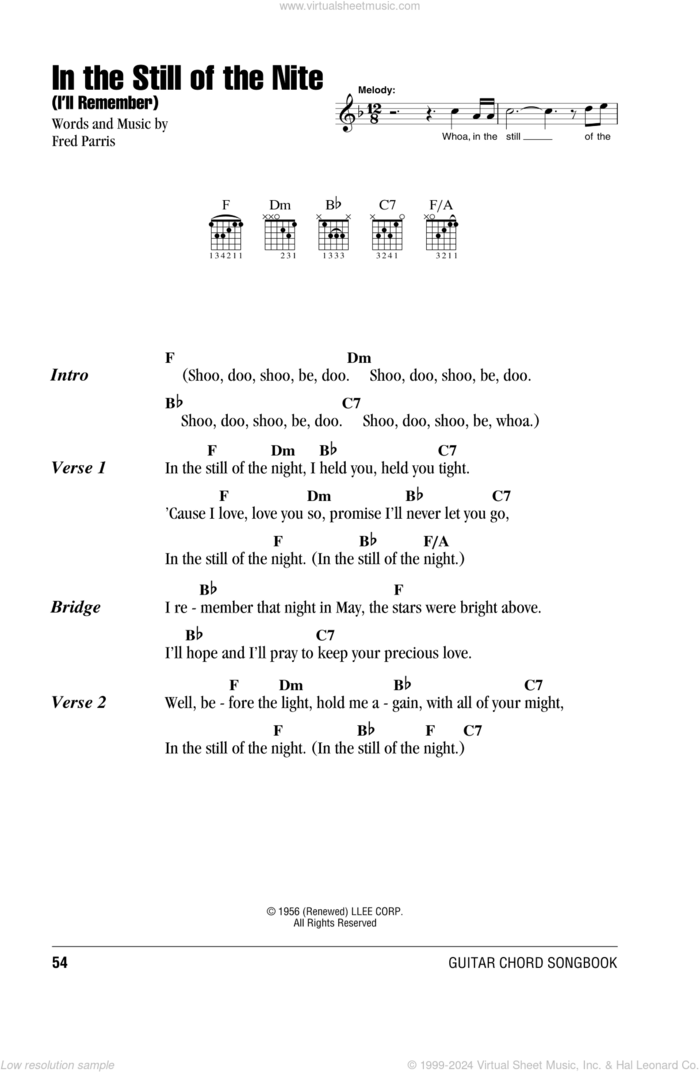 In The Still Of The Nite (I'll Remember) sheet music for guitar (chords) by Boyz II Men, Five Satins and Fred Parris, intermediate skill level