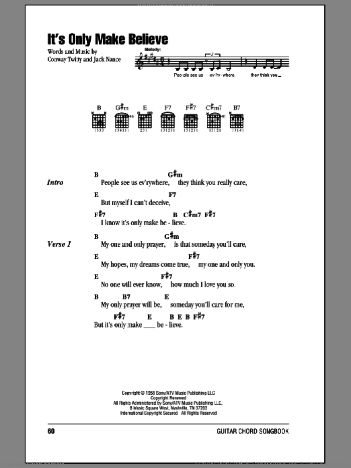It's Only Make Believe sheet music for guitar (chords) by Conway Twitty, Glen Campbell and Jack Nance, intermediate skill level