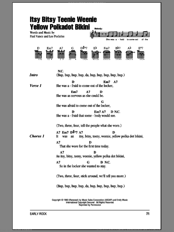 Itsy Bitsy Teenie Weenie Yellow Polkadot Bikini sheet music for guitar (chords) by Brian Hyland, Lee Pockriss and Paul Vance, intermediate skill level