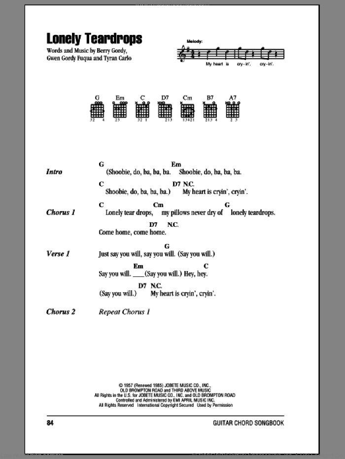 Lonely Teardrops sheet music for guitar (chords) by Jackie Wilson, Berry Gordy, Gwen Gordy Fuqua and Tyran Carlo, intermediate skill level
