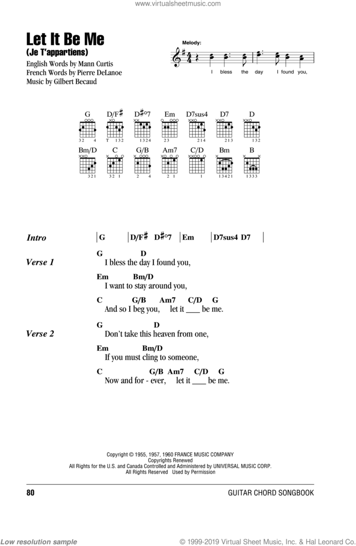 Let It Be Me (Je T'appartiens) sheet music for guitar (chords) by Elvis Presley, Everly Brothers, Gilbert Becaud, Mann Curtis and Pierre Delanoe, wedding score, intermediate skill level