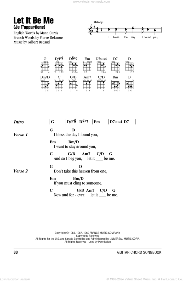 Let It Be Me (Je T'appartiens) sheet music for guitar (chords) by Elvis Presley, Everly Brothers, Gilbert Becaud, Mann Curtis and Pierre Delanoe, wedding score, intermediate skill level