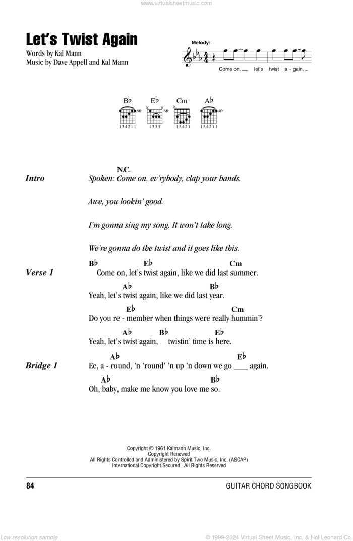 Let's Twist Again sheet music for guitar (chords) by Chubby Checker, Dave Appell and Kal Mann, intermediate skill level