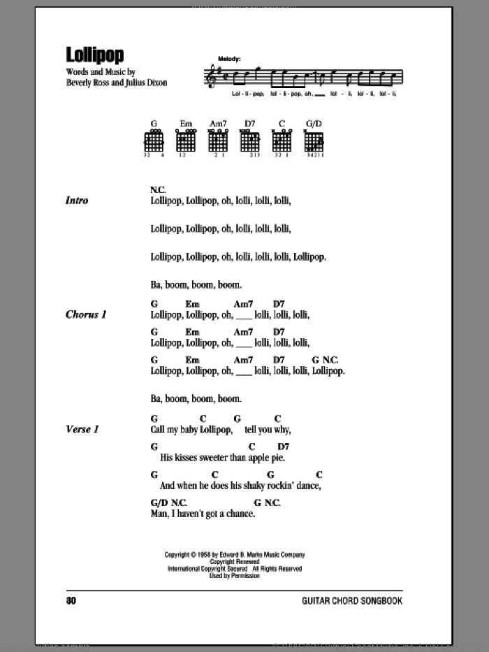 Lollipop sheet music for guitar (chords) by The Chordettes, Beverly Ross and Julius Dixon, intermediate skill level