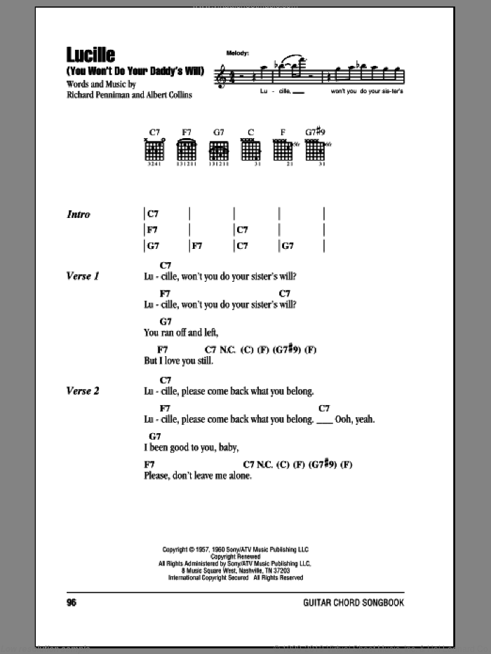 Lucille sheet music for guitar (chords) by Little Richard, Waylon Jennings, Albert Collins and Richard Penniman, intermediate skill level