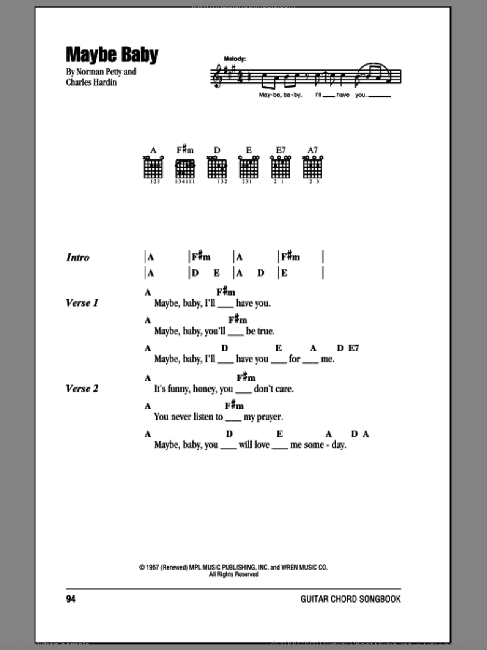 Maybe Baby sheet music for guitar (chords) by Buddy Holly, The Crickets, Charles Hardin and Norman Petty, intermediate skill level