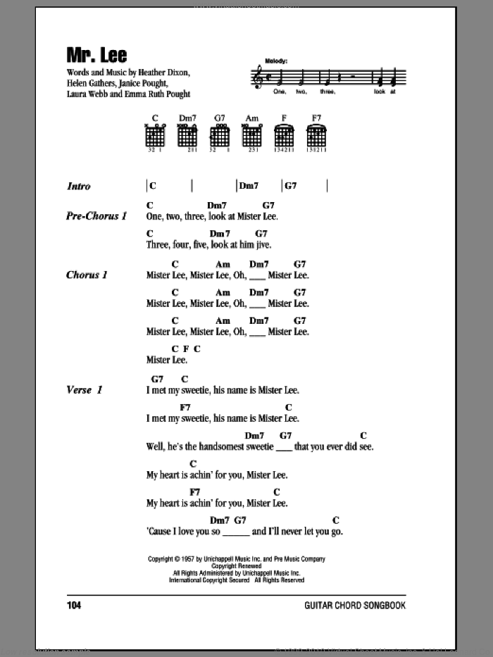 Mr. Lee sheet music for guitar (chords) by The Bobbettes, Emma Ruth Pought, Heather Dixon, Helen Gathers and Laura Webb, intermediate skill level