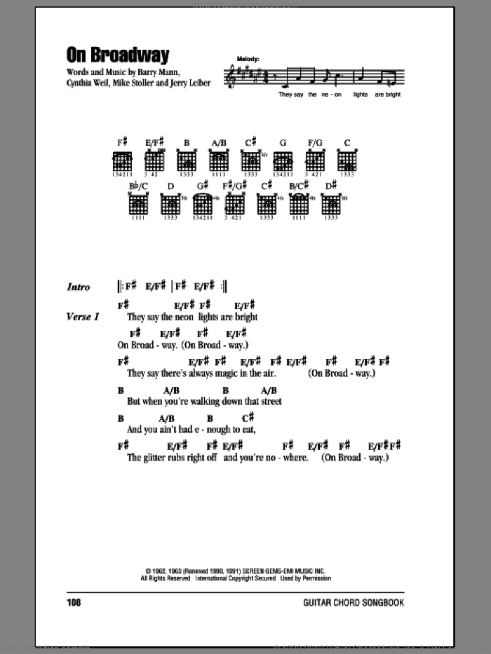 On Broadway sheet music for guitar (chords) by The Drifters, George Benson, Barry Mann, Cynthia Weil, Jerry Leiber and Mike Stoller, intermediate skill level