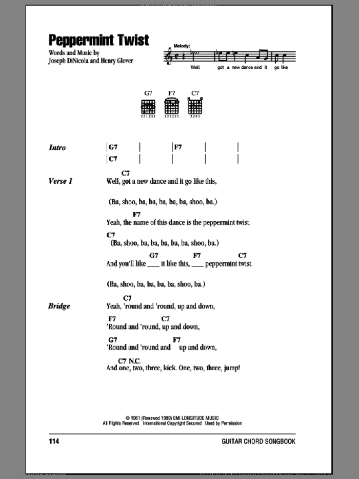 Peppermint Twist sheet music for guitar (chords) by Joey Dee & The Starliters, Henry Glover and Joseph DiNicola, intermediate skill level