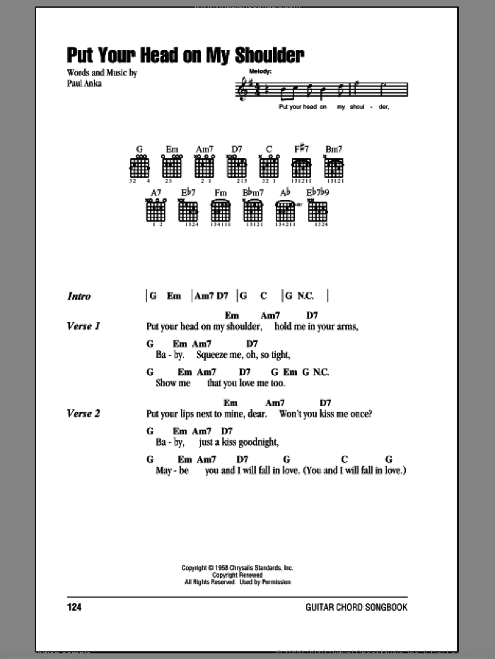 Put Your Head On My Shoulder sheet music for guitar (chords) by Paul Anka, wedding score, intermediate skill level