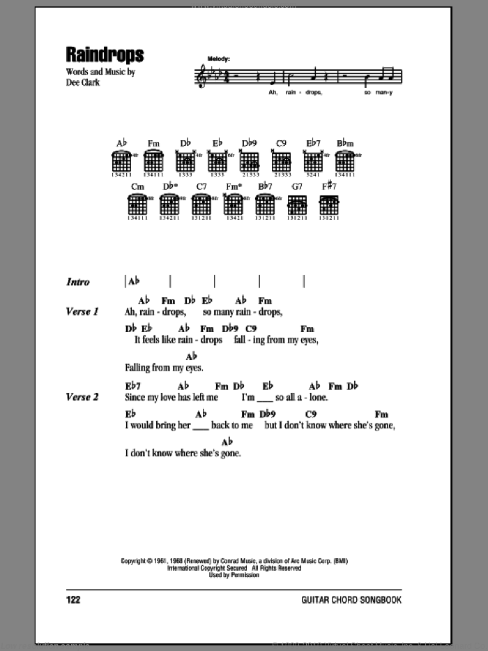 Raindrops sheet music for guitar (chords) by Dee Clark, intermediate skill level