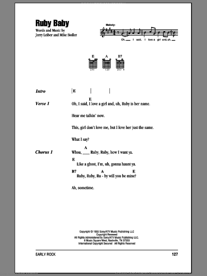 Ruby Baby sheet music for guitar (chords) by Dion, The Drifters, Jerry Leiber and Mike Stoller, intermediate skill level