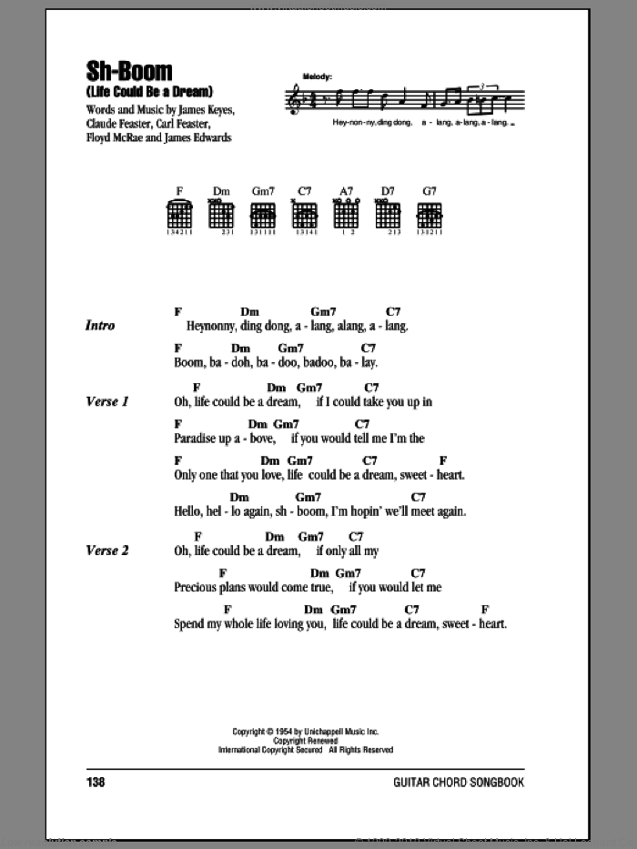 Sh-Boom (Life Could Be a Dream) sheet music for guitar (chords) by The Crew-Cuts, Carl Feaster, Claude Feaster, Floyd McRae and James Keyes, intermediate skill level