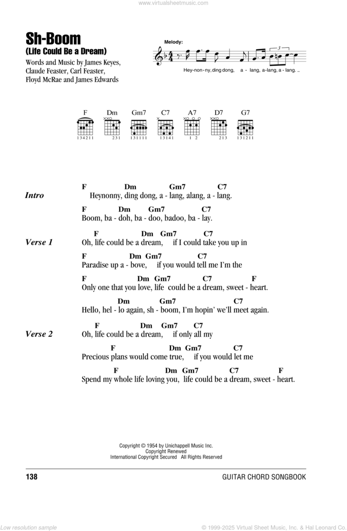 Sh-Boom (Life Could Be a Dream) sheet music for guitar (chords) by The Crew-Cuts, Carl Feaster, Claude Feaster, Floyd McRae and James Keyes, intermediate skill level