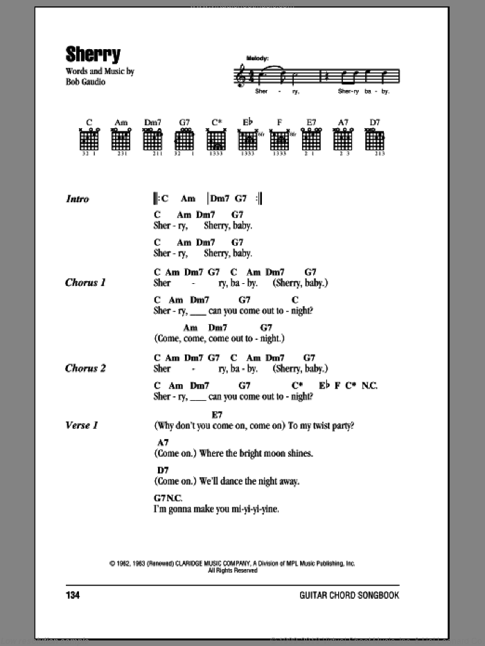 Sherry sheet music for guitar (chords) by Frankie Valli & The Four Seasons and Bob Gaudio, intermediate skill level