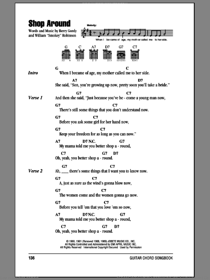 Shop Around sheet music for guitar (chords) by Smokey Robinson & The Miracles and Berry Gordy, intermediate skill level
